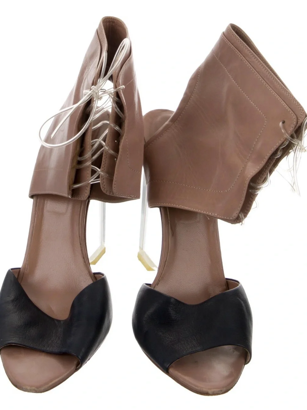 Women Open-Toe Ankle Bootie in Brown and Black with Clear Block Heel